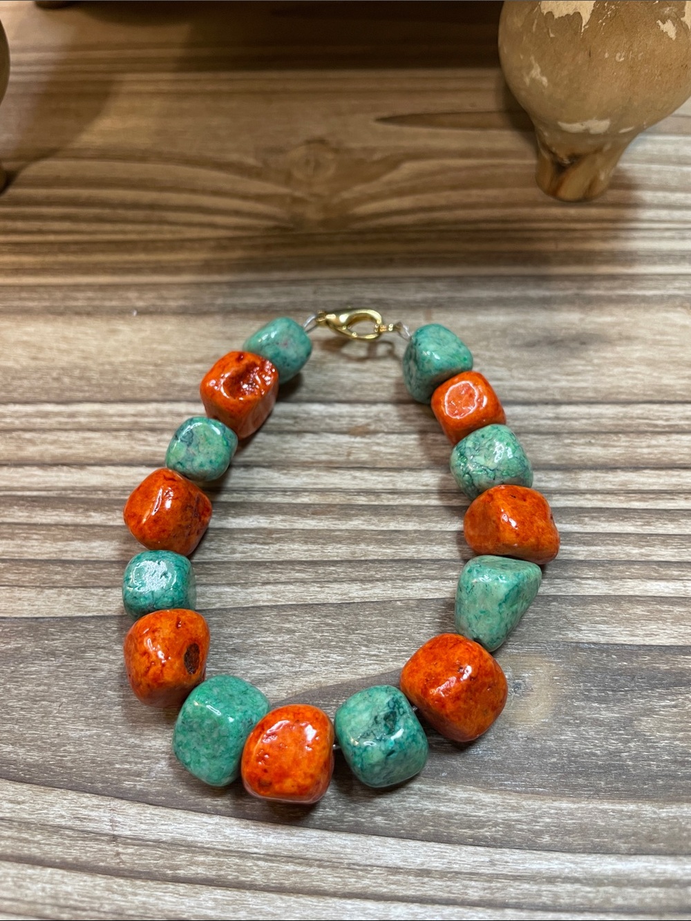 Green and Orange Beaded Stone Bracelet